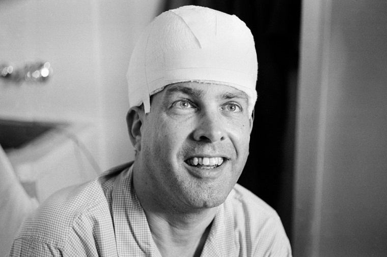 LOS ANGELES, CA, June 10, 1968, Paul Schrade, 43, hit by one of the bullets fired by Sen. Robert Kennedy's assailant, holds a press conference in his rom at Kaiser Hospital in Los Angeles today. Schrade, a Los Angeles representative of the United Auto Workers, sustained a fractured skull but is recovering and is in good Condition. (AP Photo)