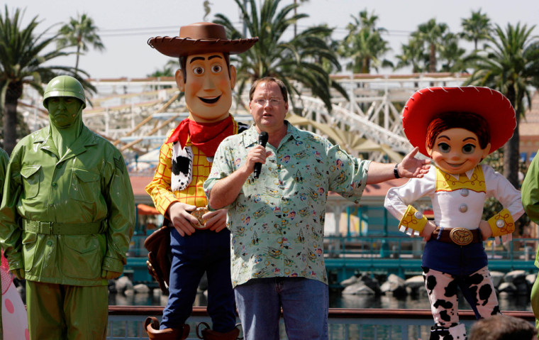 Image: Costumed characters from Pixar's \"Toy Story\"
