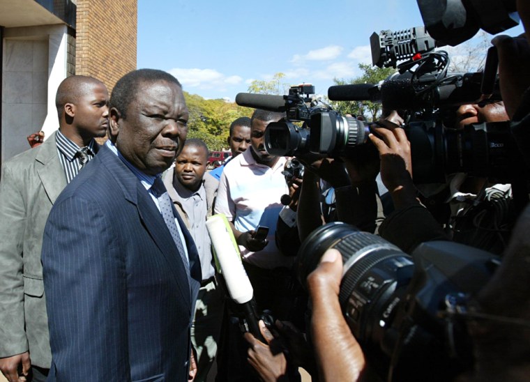 Image: Zimbabwean Opposition Leader  Morgan Tsvangirai spreaks to members of the media