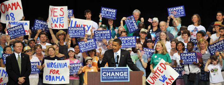 Image: Barack Obama speaks to supporters as Senator Jim Webb, D-Va, looks on during a rally in Bristow, Virginia