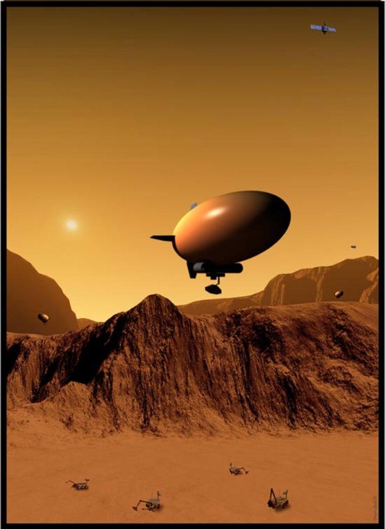 An airship hovers above busy rovers and coordinates with orbiter spacecraft in this illustration of \"tier-scalable reconnaissance.\" Credit: California Institute of Technology/Wolfgang Fink