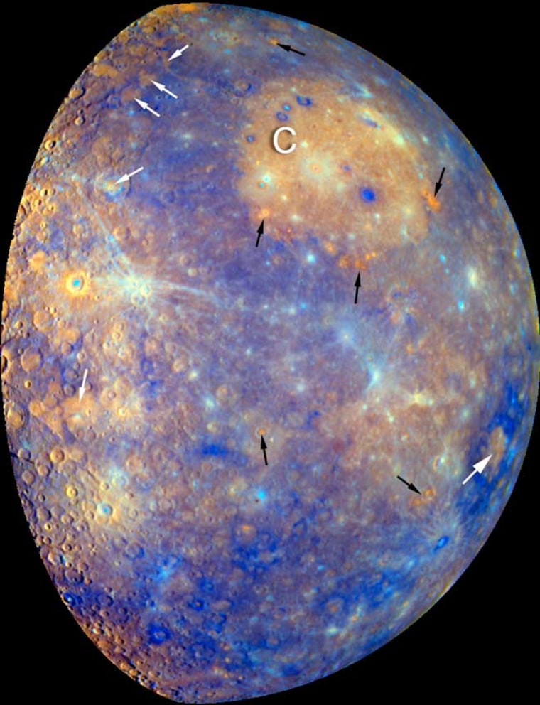 Low-iron volcanic plains filling the Caloris impact basin make a large pale-orange patch (C) in this false-color image of Mercury. White arrows mark young smooth plains. Around the edge of Caloris and elsewhere lie small volcanic centers thought to form by explosive eruptions (black arrows). Widespread dark blue areas are older rocks that may be rich in the mineral ilmenite. Credit: NASA/JHUAP/Arizona State University