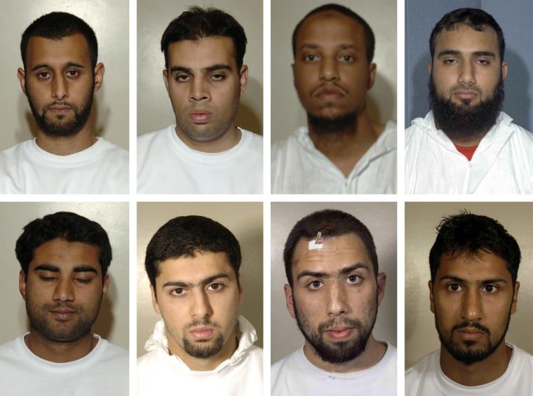 Image: The eight men on trial accused of planning to bomb airliners bound for the United States and Canada