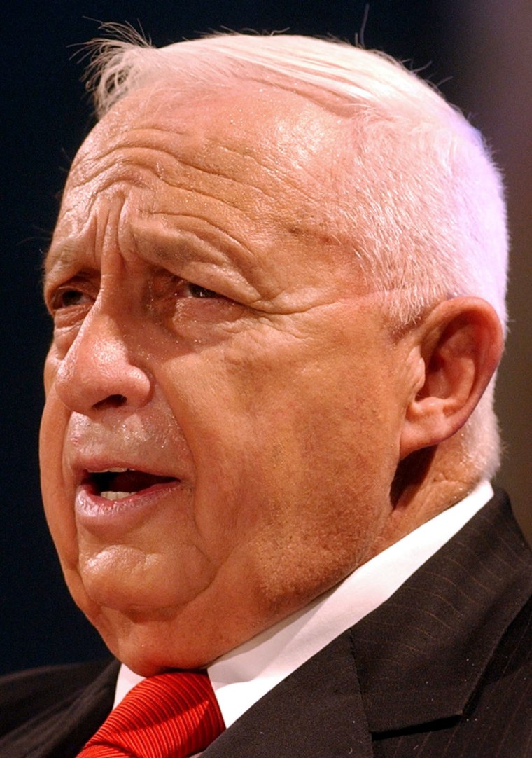 Israeli Prime Minister Ariel Sharon in Tel Aviv in an October 2003 file photo. Sharon had surgery for a kidney stone Monday.