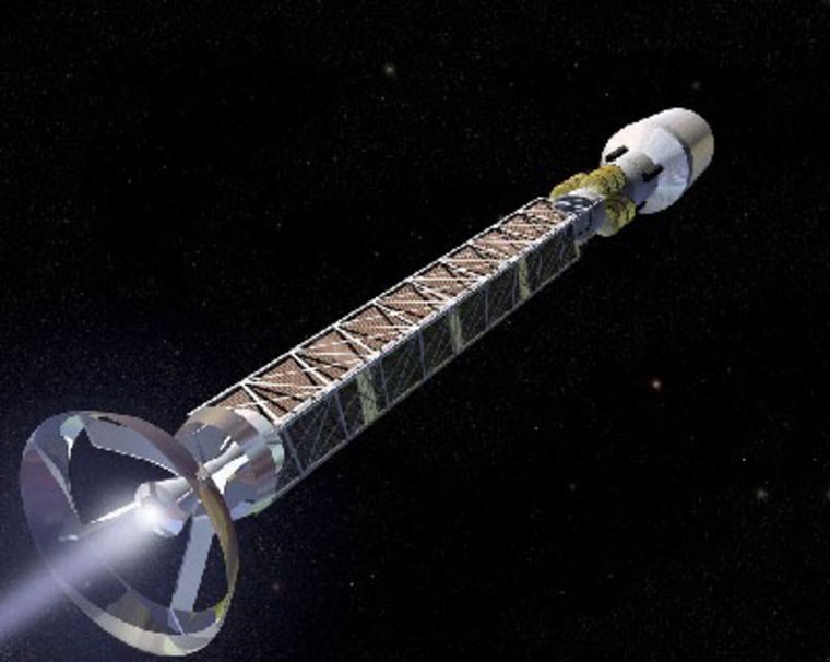 The problem with an antimatter-powered rocket, shown here in an artist's conception, is creating enough and storing any antimatter for the trip to Alpha Centauri.