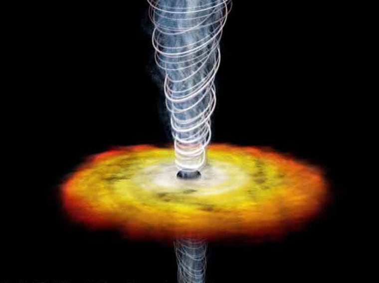 An artist's conception shows a jet of energy being shot out above and below a supermassive black hole in the center of a galaxy. The energy is whipped up as galactic matter whirls into the black hole.