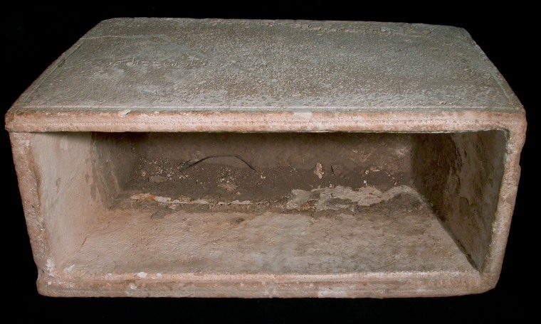 A box used to bury human bones in ancient times, or ossuary, is seen in this undated but recent handout photo made available in Jerusalem Wednesday June 18, 2003 from the Israel Antiquities Authority. An inscription on the ossuary reading \"James, son of Joseph, brother of Jesus'' purporting to link the ancient box to Jesus' brother, James, is a modern day forgery with no link to New Testament figures, the Authority said Wednesday. (AP Photo/HO, Israel Antiquities Authority)  ** NO SALES **