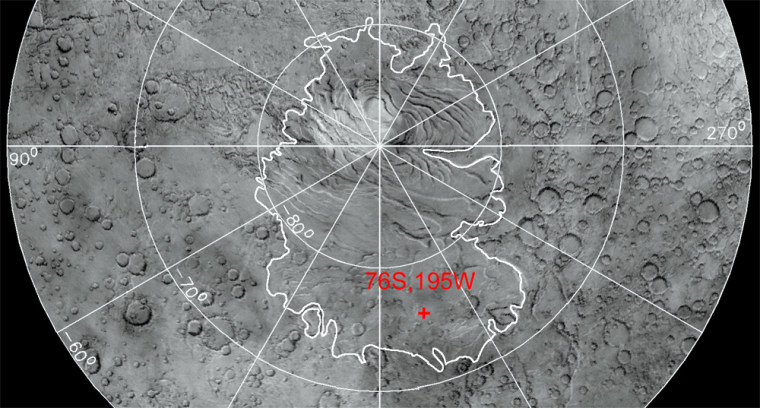 Mars Polar Lander's primary landing site is indicated in red on this photographic map of Mars' south polar region. Analysts studied more detailed maps to look for traces of the lander.