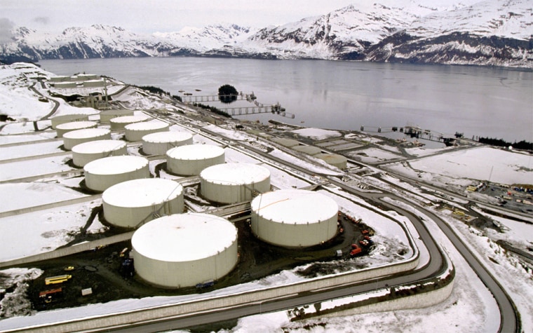 ** FILE **Oil storage tanks sit at the Trans-Alaska Oil Pipeline terminal in Valdez, Alaska, in this undated file photo. The pipeline carries crude oil from Alaska's North Slope, 800 miles south across Alaska to the Valdez terminal where the oil is loaded onto tankers for transport. U.S. officials said Tuesday, Dec. 23, 2003, they have received information from a credible source about an al-Qaida threat against oil interests in Alaska, which they have not fully corroborated (AP Photo/Al Grillo Photography, Al Grillo, File)