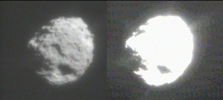 Two versions of the same image show Comet Wild 2's nucleus, as seen by the Stardust spacecraft. The "dirty snowball" is thought to be 3.3 miles (5.3 kilometers) wide. The image on the left was processed to emphasize surface details, while the image on the right emphasizes the jets of material being spewed out by Wild 2.