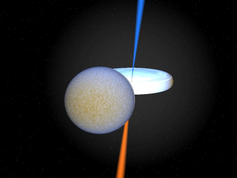 An artist's conception shows a super-giant star in front of a black hole in the SS 433 double-star system. The black hole pulls material from the star, and that material whirls into a disk (shown in white) surrounding the black hole. All that activity causes the disk to throw off high-speed jets, shown in blue and red.
