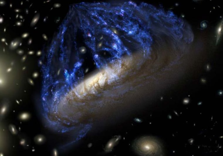 An artist's rendering shows how gas in C153 is compressed along its leading edge, like snow before a plow, igniting a storm of starbirth. The pressure of hot gas trapped in the cluster strips away the galaxy's own cooler gas, leaving behind skeletal spiral arms of dust and stars.
