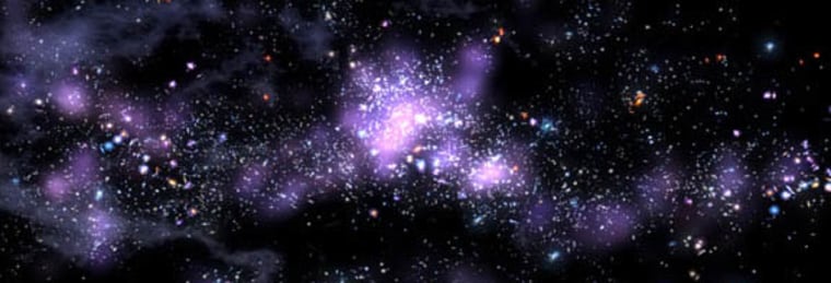 An artist's conception shows what scientists believe the galactic structure would look like from a distant vantage point. Only the most luminous galaxies have been detected so far.