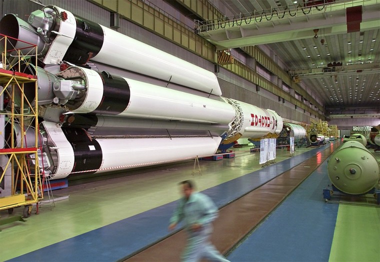 A Proton booster rocket is assembled at the Khrunichev State Research and Production Center in Moscow. Khrunichev and other Russian space companies are counting on winning a share of the future U.S. manned missions to the moon and Mars.