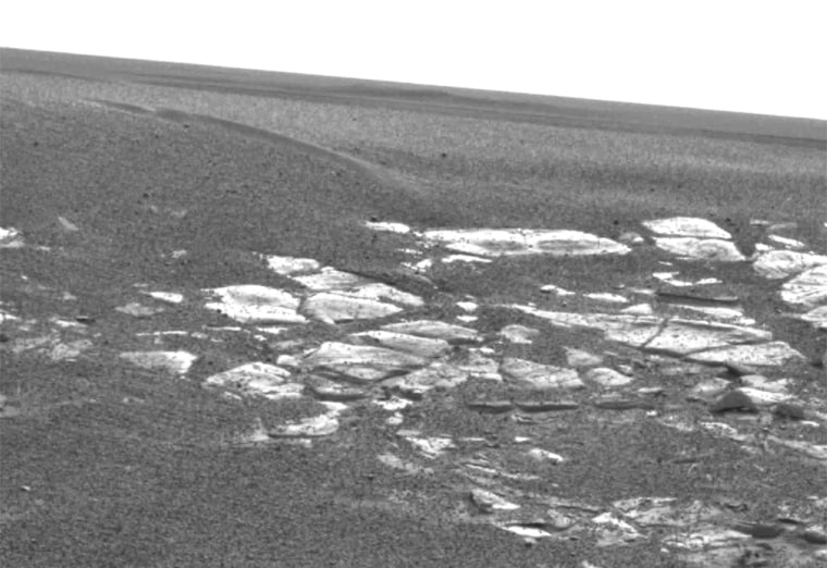This "postcard" from the panoramic camera on Opportunity shows the view southwest of the rover, at Meridiani Planum on Mars. 