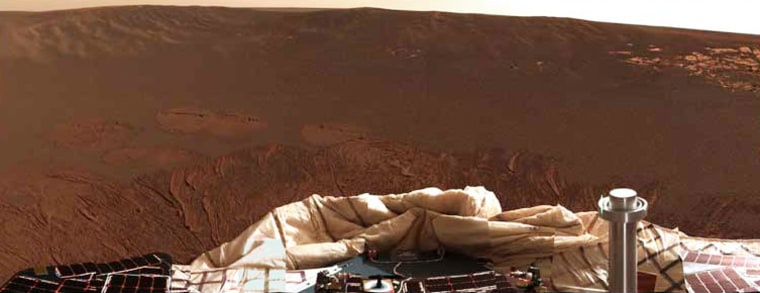 The interior of a crater surrounding the Opportunity rover can be seen in this color image from the rover's panoramic camera. This is the darkest landing site ever visited by a spacecraft on Mars. Outcroppings of Martian bedrock show up as lighter patches, and circular "lily pad" tracks were left by Opportunity's airbags.