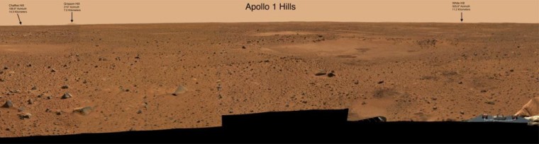 Arrows superimposed on a panoramic image taken by NASA's Spirit rover indicate the Apollo 1 Hills. From left, they are Chaffee Hill, Grissom Hill and White Hill.