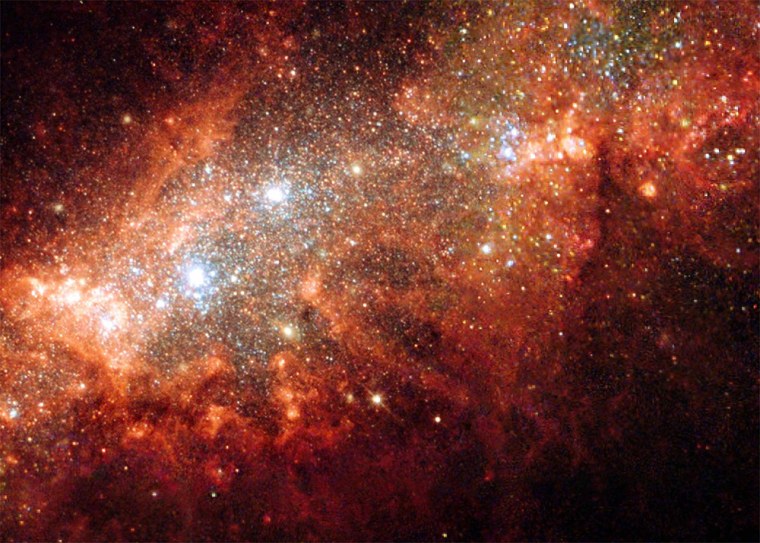 Hubble's view of the dwarf galaxy NGC 1569 shows bubble-like structures and clusters of starbirth.