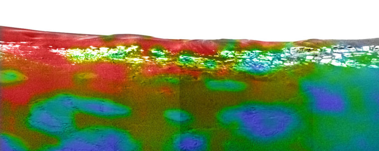 Scientists say this false-color image, created by the Opportunity rover's mini-thermal emission spectrometer, is the first mineral map made on another planet. The red color indicates areas high in the mineral hematite. The blue spots, which correspond to places where the spacecraft bounced and rolled, have low concentrations of hematite. "Somehow it's made the hematite disappear," principal science investigator Steve Squyres said.