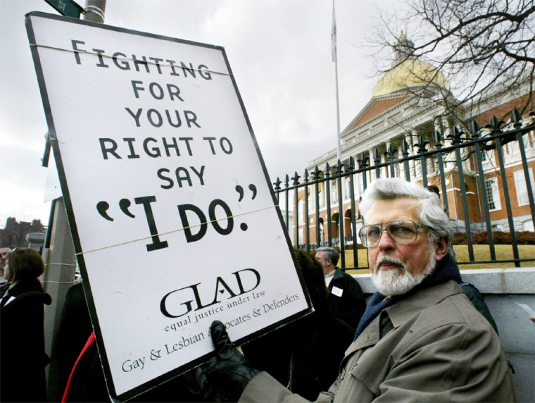 SUPPORTER OF SAME SEX MARRIAGE PROTESTS IN FRONT OF MASSACHUSETTS STATEHOUSE