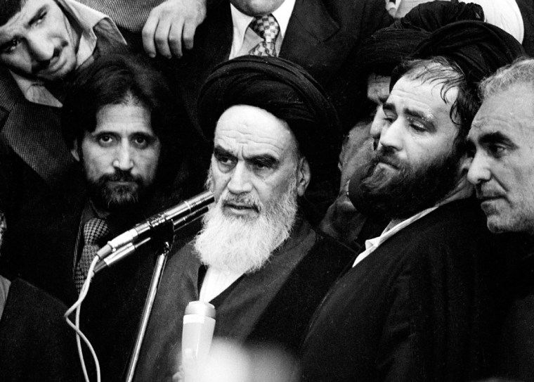 Ayatollah Khomeini addresses an audience in the airport building in Tehran, Iran, Feb. 1, 1979, after his arrival from 14 years of exile.   (AP Photo)
