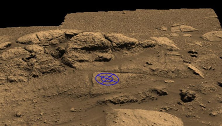 This graphic is a planning tool used by Mars Exploration Rover engineers to plot and scheme the perfect location to place the rock abrasion tool on the rock collection dubbed