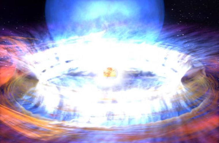 An artist's conception shows a neutron star at the height of its explosion, blasting the inner material from its accretion disk outward. The star's larger companion can be seen as a blue disk in the background. The neutron star draws a steady diet of hydrogen and helium from the companion.