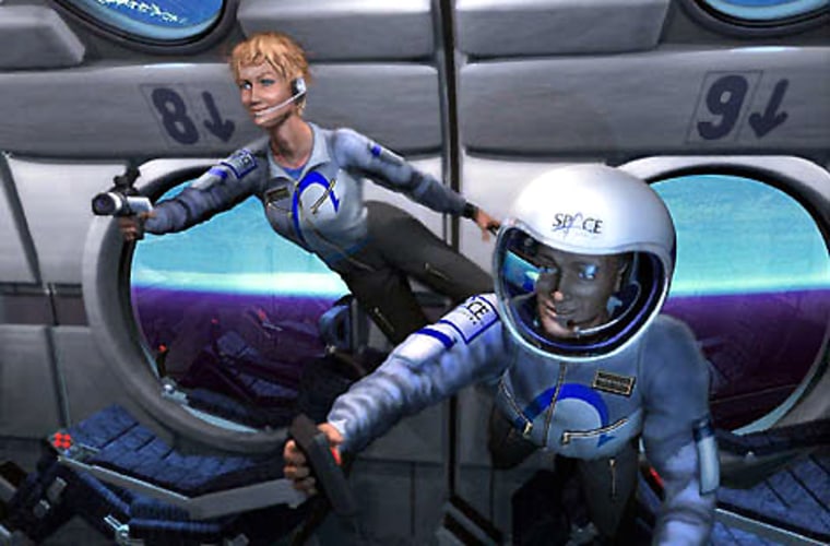 An artist's conception shows passengers experiencing weightlessness during a commercial suborbital flight.