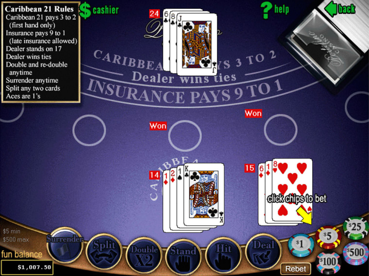 A screen shot of Realtime Gaming's "Caribbean 21" game, which yielded the disputed $1.3 million in winnings.