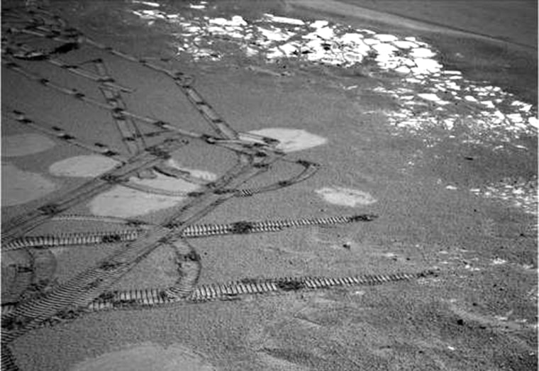 A photo taken by Opportunity's navigation camera shows the circular marks the rover made as it bounced to a landing in January, as well as the tracks made later by its six wheels.