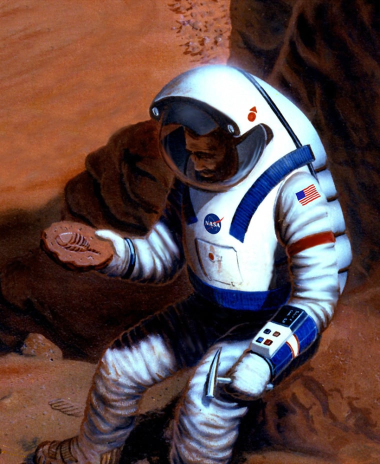This artist's illustration shows a whimsical vision of a future Mars astronaut with a startling exo-paleontological discovery. For more space illustrations, go to . 