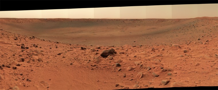 A color panorama shows Bonneville crater, as seen from the rim by NASA's Spirit rover.
