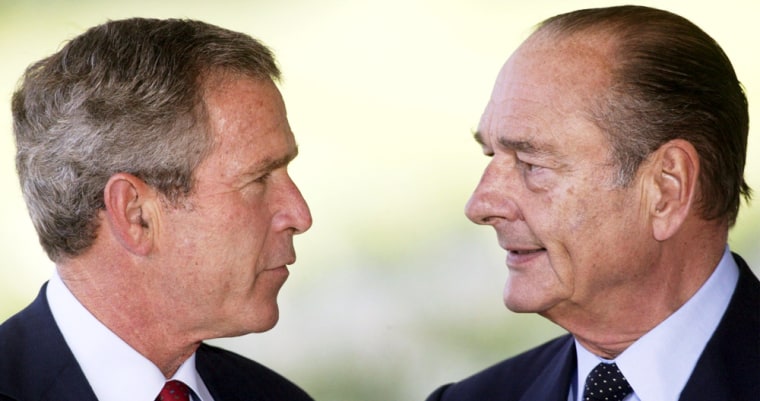 President Bush, left, and French President Jacques Chirac meet at the Group of Eight summit June 1 of last year, their first encounter since the split over the war in Iraq.