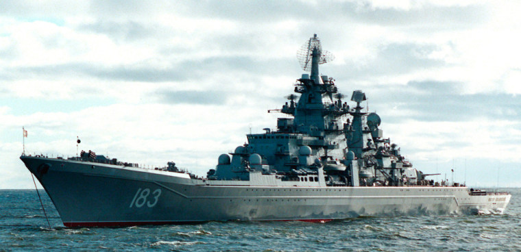 Russia's nuclear-powered missile carrier Peter the Great, seen in this 1996 photo, was the focus of conflicting reports about its condition.