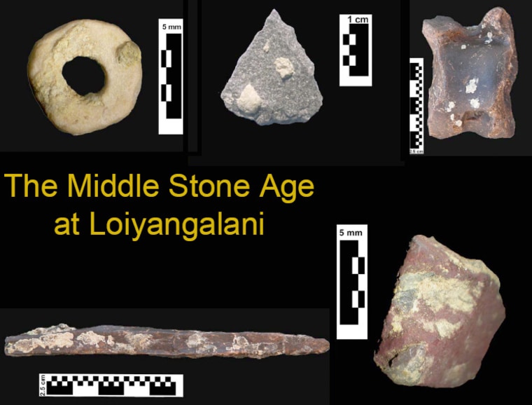 These are some of the Stone Age artifacts found in Tanzania, including a bead carved from an ostrich eggshell, at upper left.