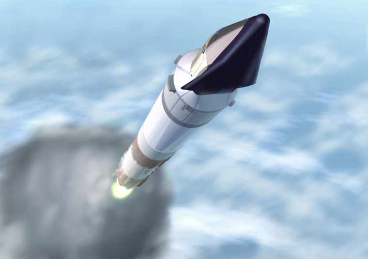 An artist's conception shows a next-generation Atlas rocket boosting a Crew Exploration Vehicle into space.