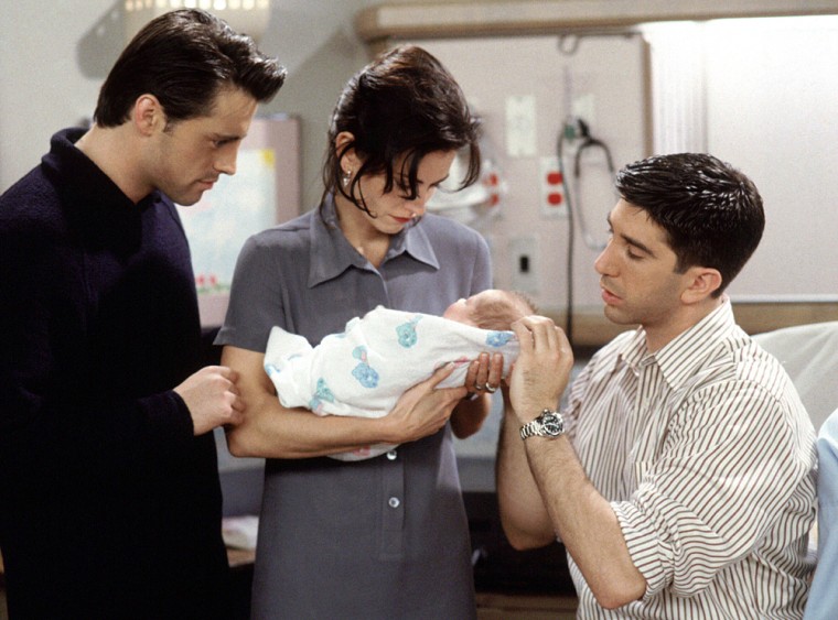FRIENDS -- NBC Series -- Season 1: \"The One With The Birth\" -- Pictured: (l-r) Matt Le Blanc as Joey, Courtney Cox Arquette as Monica, David Schwimmer as Ross -- Photo: Copyright 2004 Warner Bros. Television Production Inc.

These photographs, which are the copyrighted material of Warner Bros. Television Production Inc., are being submitted to you for only the following limited purpose: for publicity, promotion or advertising of the series \"Friends\". You must obtain all other authorizations, consents and releases ( other than copyright permission which we have granted to you as set forth herein) and pay all compensation required by any applicable collective bargaining agreement, any individual agreement or otherwise required by law. These photographs are not transferable,  may only be used until May 31,2004 and may not be used in any \"special\" or \"stand alone\" issues of your publications without prior written permission. Your use of these photos shall constitute acceptance of t