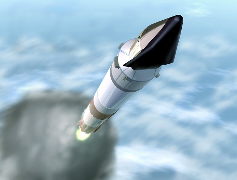 An artist's conception for Lockheed Martin's proposed Crew Exploration Vehicle shows the crew module being launched atop a modified Atlas rocket.
