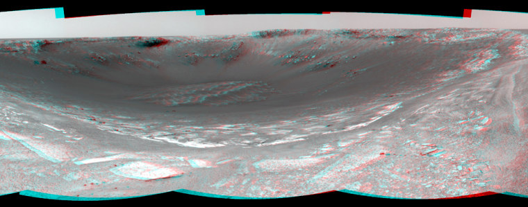 Endurance Crater looms in front of NASA's Opportunity rover in this Martian panorama, produced by patching together separate images. Looking at the image with red-blue glasses will produce a stereo effect.