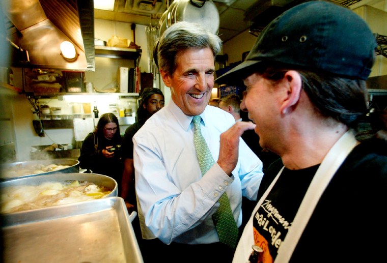 JOHN KERRY TALKS WITH DELI WORKER COOKING SOUP IN ANN ARBOR MICHIGAN