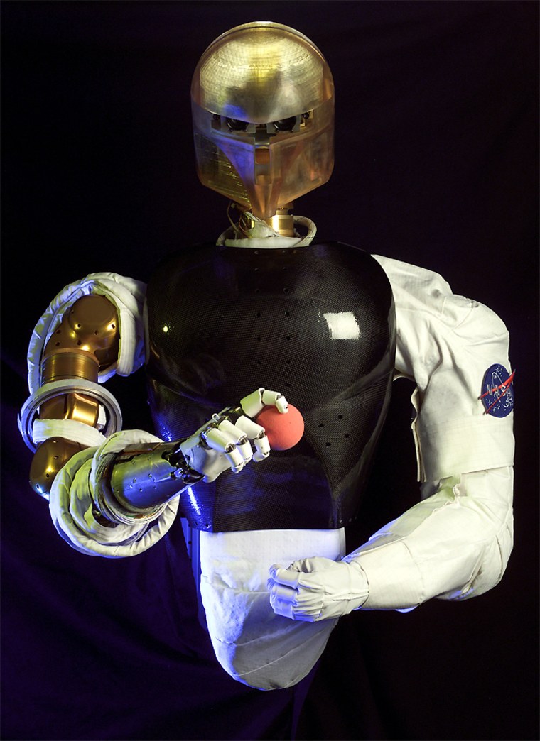 Robonaut, a remotely operated robot with five-fingered hands and arms the size of a human's, is one of the options being considered for servicing the Hubble Space Telescope. The robot can be mounted on a spacecraft to do the tasks conducted by humans during spacewalks.