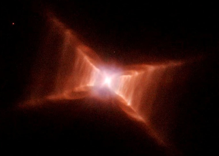 The Red Rectangle shines like a squarish jewel in this Hubble image. The actual structure of the nebula is a double cone. Its rectangular appearance is an optical illusion.
