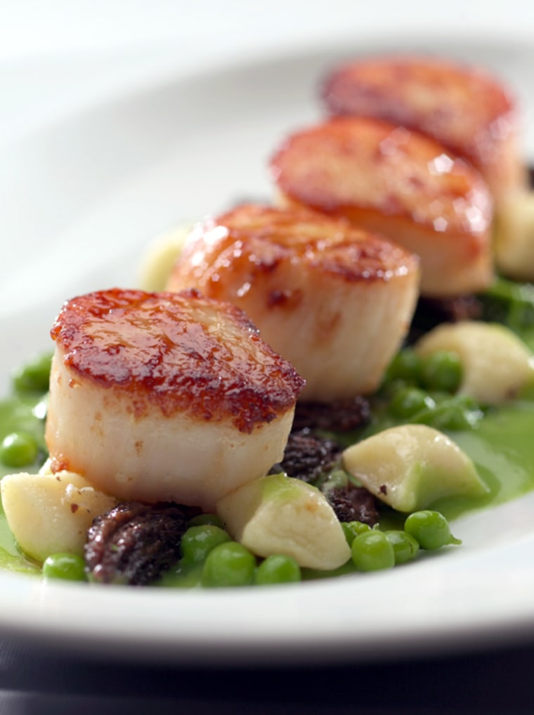 Roasted Sea Scallops with Potato Gnocchi, English Peas and Morel Mushrooms