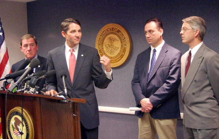 Drew Wrigley, U.S. attorney for North Dakota, second from left, is joined by Tom Heffelfinger, U.S. attorney for Minnesota, left; Greg Widseth, Polk County (Minn.) attorney; and Peter Welte, Grand Forks County, N.D., state’s attorney, for a statement on the indictment of Alfonso Rodriguez Jr. 