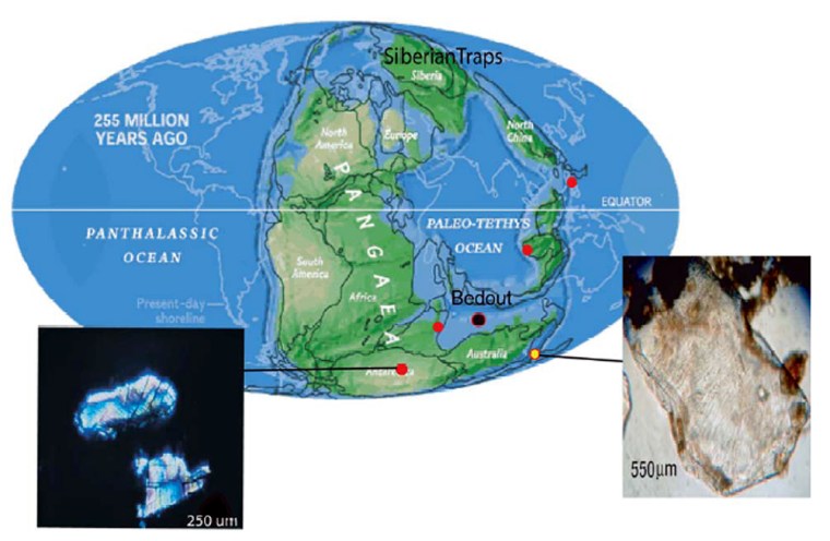 Earth's continents were in a different position at the end of the Permian era, as shown on this map. The suspected Bedout impact site is indicated by a black dot. Red dots denote where extraterrestrial fullerenes have been reported. The two inset photos show large shocked quartz grains that were found recently in Australia and Antarctica.