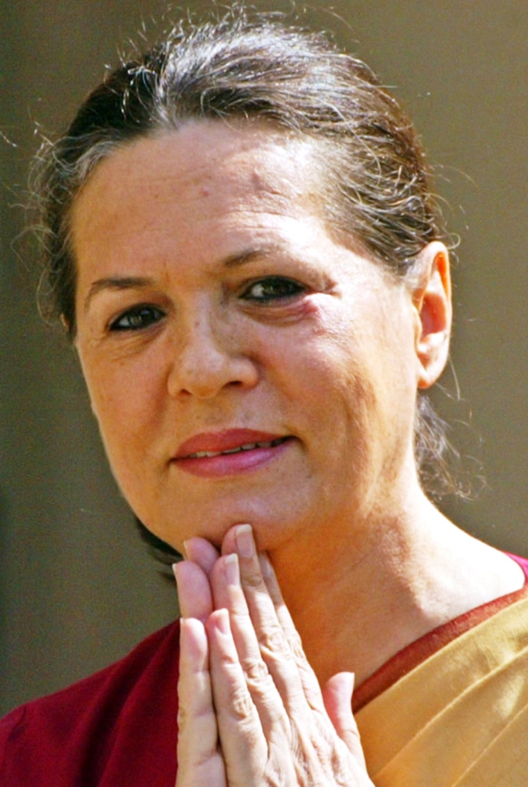 FILE PHOTO OF SONIA GANDHI GREETING THE PRESS IN NEW DELHI