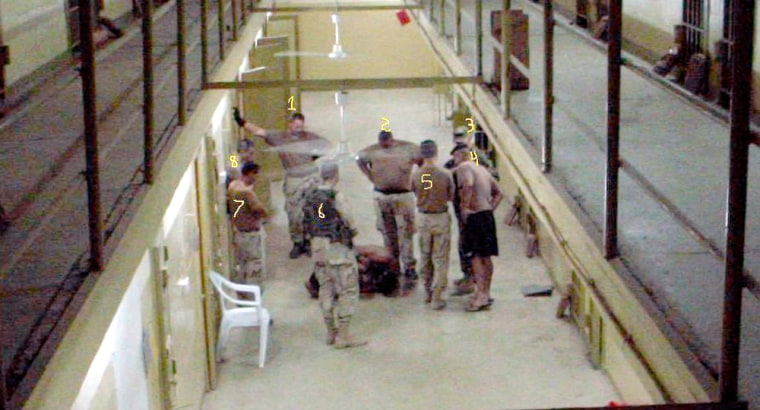 This photo provided by attorney Guy L. Womack, who is representing Army Spc. Charles A. Graner Jr., was purportedly taken at the Abu Ghraib prison in Baghdad, Iraq. 