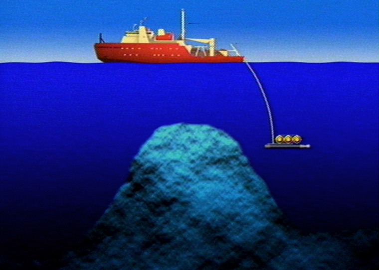 An illustration shows how the undersea volcano was observed using a remotely operated vehicle equipped with a video camera.