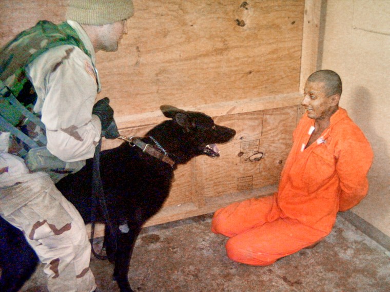 In this undated image, an Iraqi prisoner appears to intimidated by an American soldier with a trained dog.