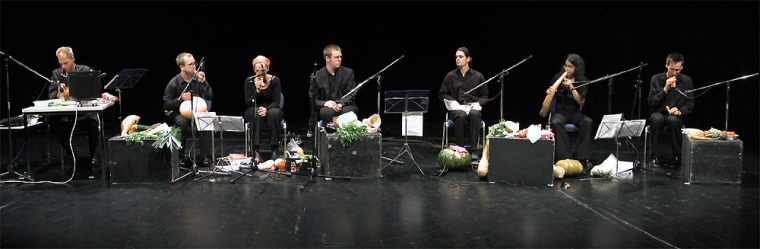 Members of the Vienna Vegetable orchestra perform during the "Eat It" exhibition at the Kampnagel art center in Hamburg.